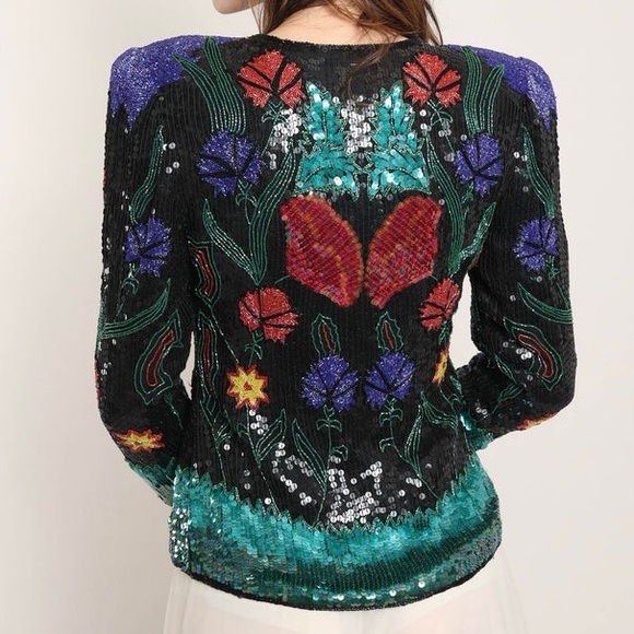 Vintage 80’s 90’s Abstract Floral Print Fully Beaded Sequined Blazer Jacket M - Picture 2 of 16